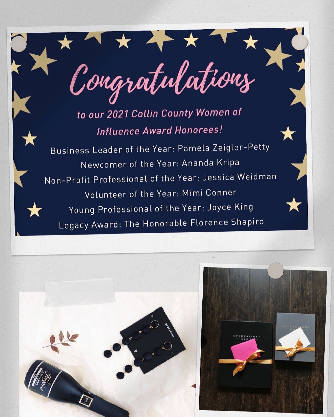 Women of Influence Invitation with names of the Award Winners for 2021 arranged with a bottle of mini champagne and boxes of gifts from the Goldenlight Creative portrait studio tied with a gold bow