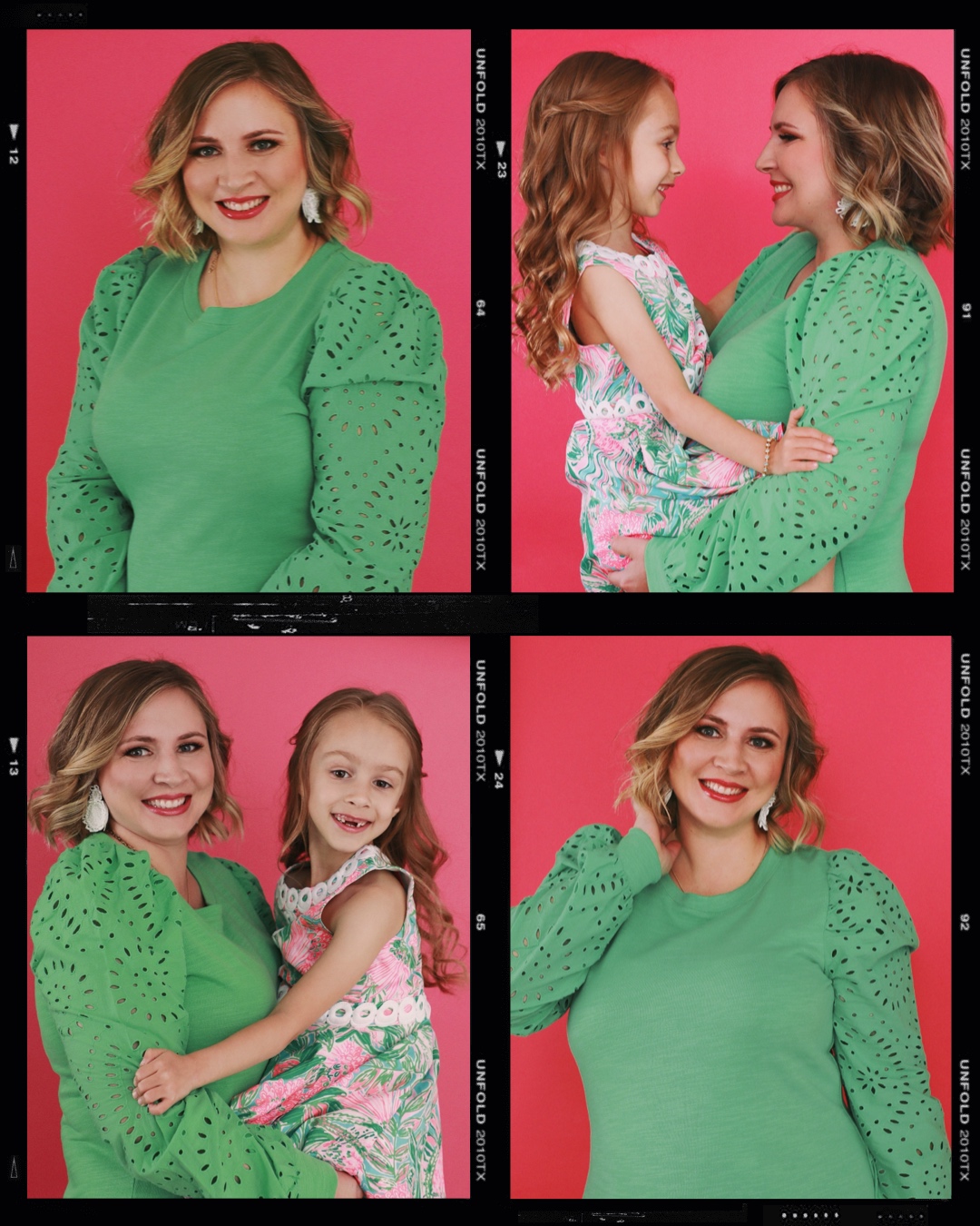 Mom and Daughter portrait on hot pink background taken in plano texas. mom is wearing a green dress and daughter is wearing a floral dress
