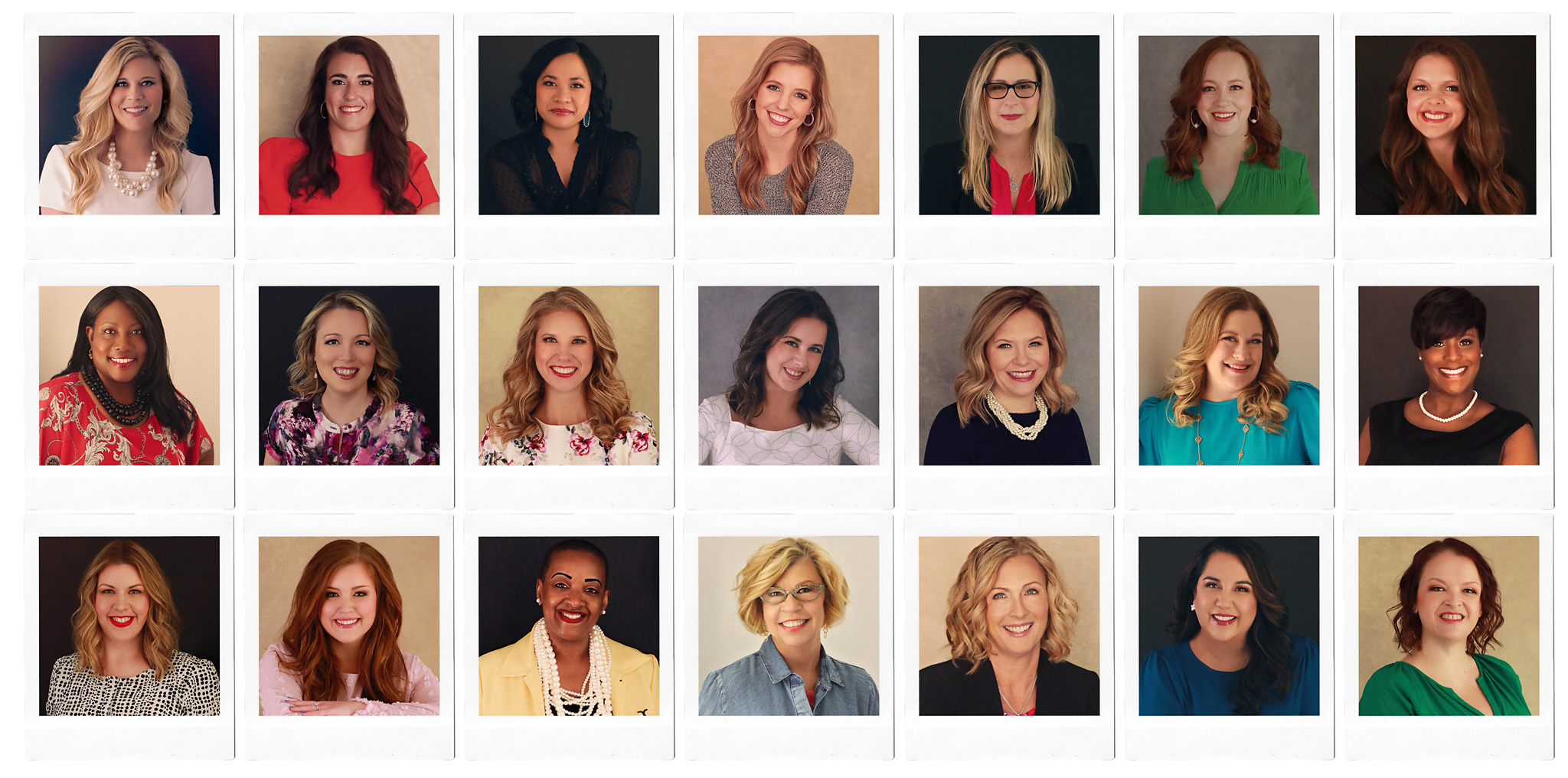 Grid featuring polaroids of women leaders ranging from business casual to business attire. They women are smiling and look professional. Members of the Junior League of Collin County, a nonprofit in Plano Texas.
